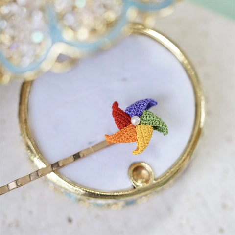 Onirr Handmade Micro Crochet Windmill Rotatable Hairpin Rainbow