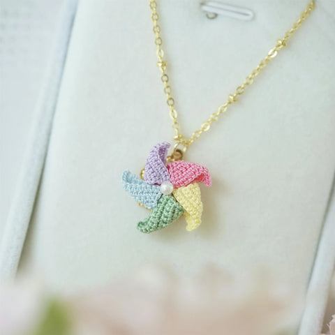 Onirr Handmade Micro Crochet Windmill Rotatable Necklace Macaron
