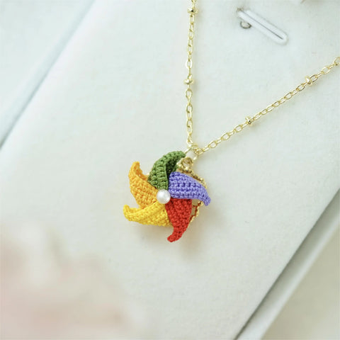Onirr Handmade Micro Crochet Windmill Rotatable Necklace Rainbow