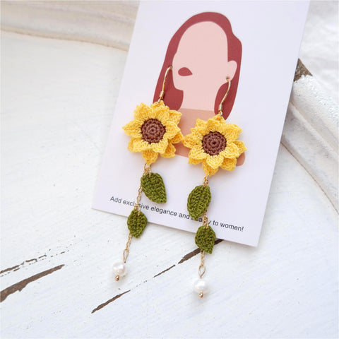 Onirr Handcraft Micro Crochet Sunflower Pearl Earrings
